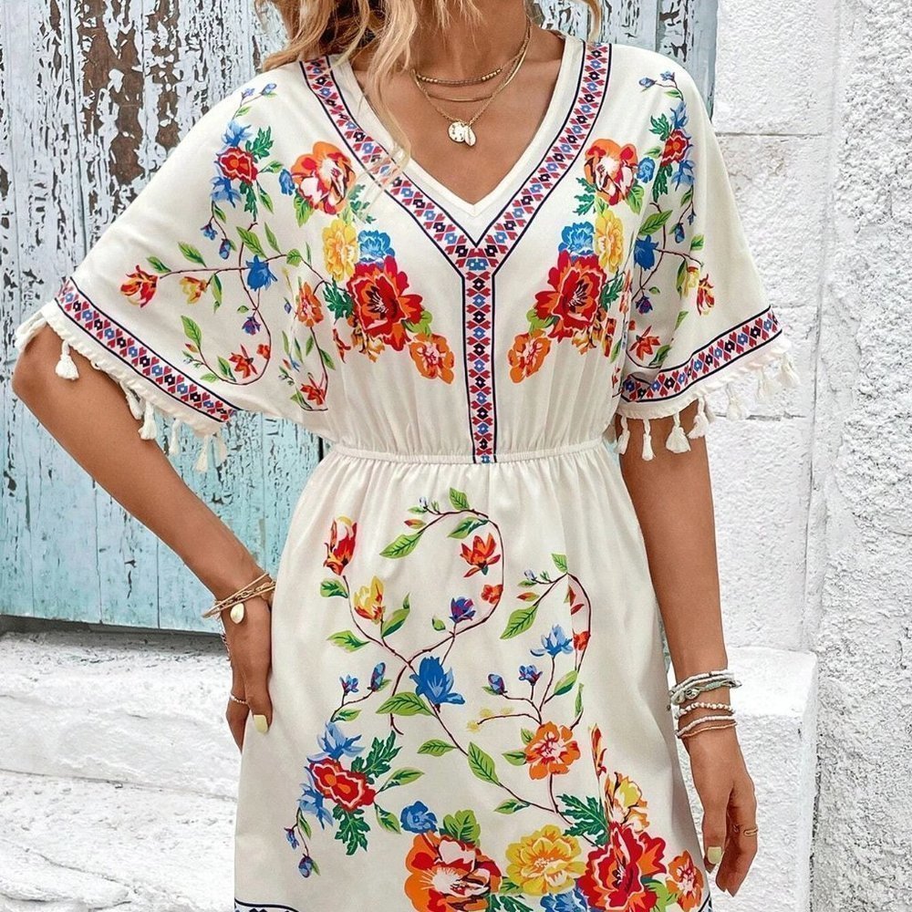 Apricot Boho  Womens Floral Print Tassel Trim Batwing Sleeve Dress - Picture 3 of 5